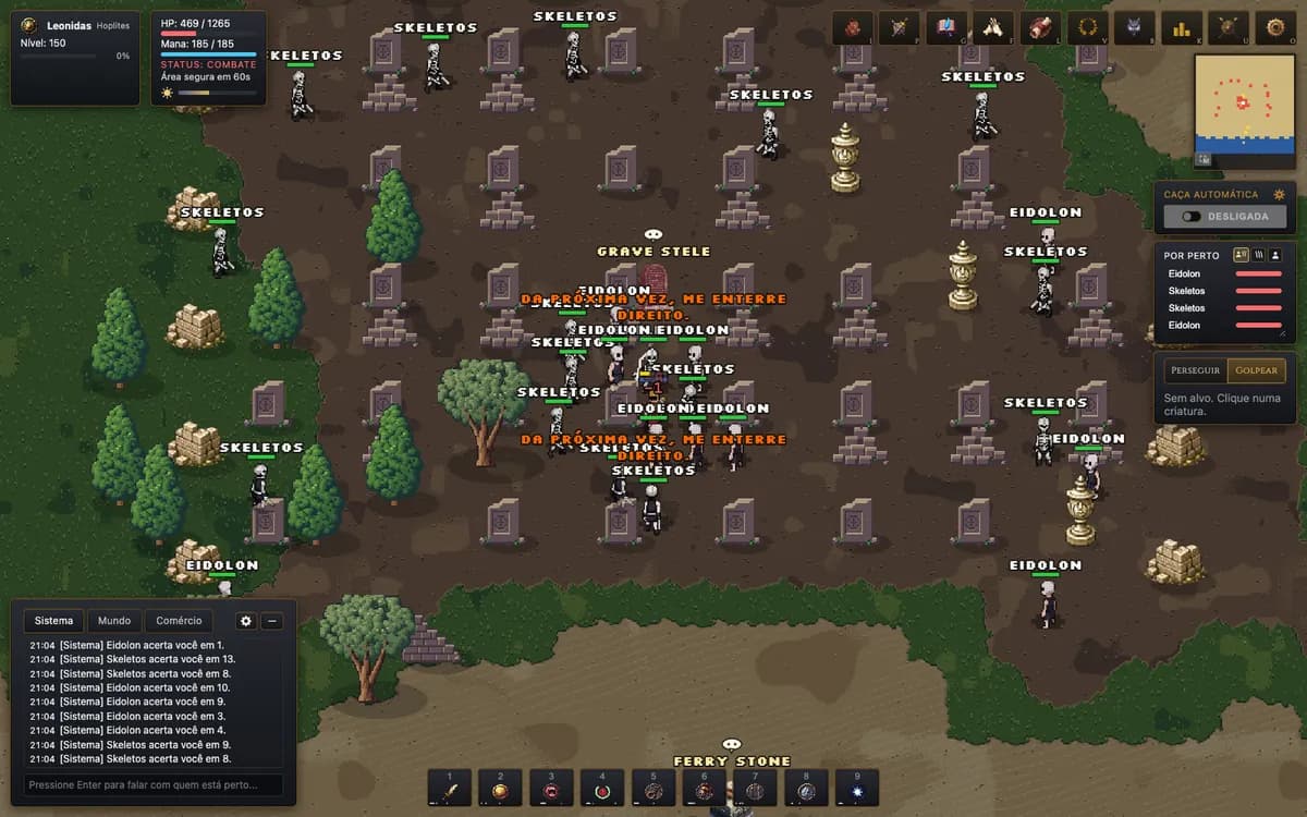 Tela do jogo: um hoplita cercado por esqueletos e fantasmas entre túmulos, com a vida, o chat e a barra de magias.