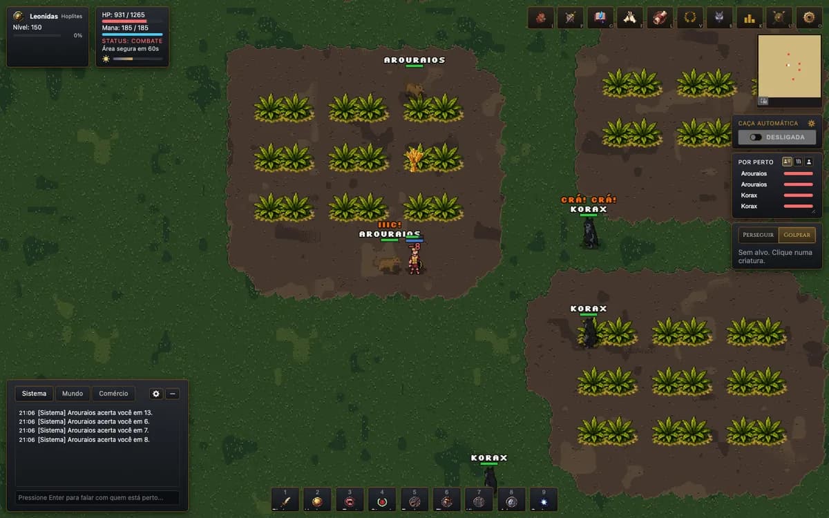 Tela do jogo: um hoplita entre plantações, com ratos do campo e corvos em volta.