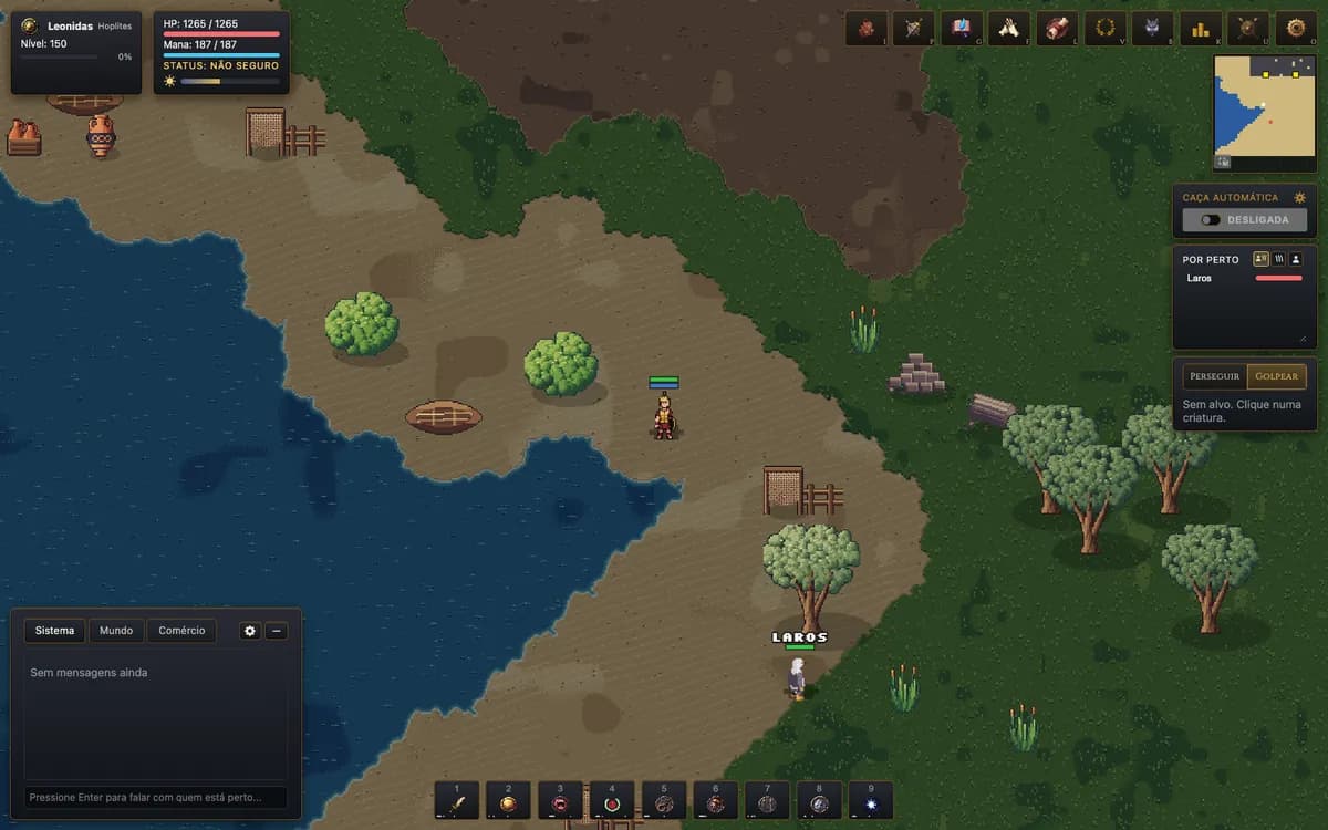 Tela do jogo: um hoplita na areia da ilha, com o mar de um lado e uma gaivota perto das árvores.