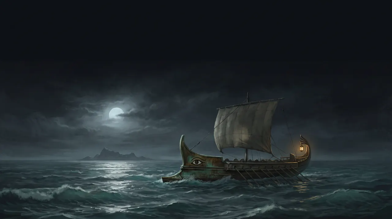 The boat at sea, as the game shows it while you sail